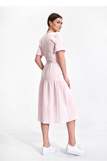 Back view of the Elegant Figl Summer Midi Dress with Short Sleeves and Flared Cut in 100% Cotton, highlighting the stylish design and puff sleeves.