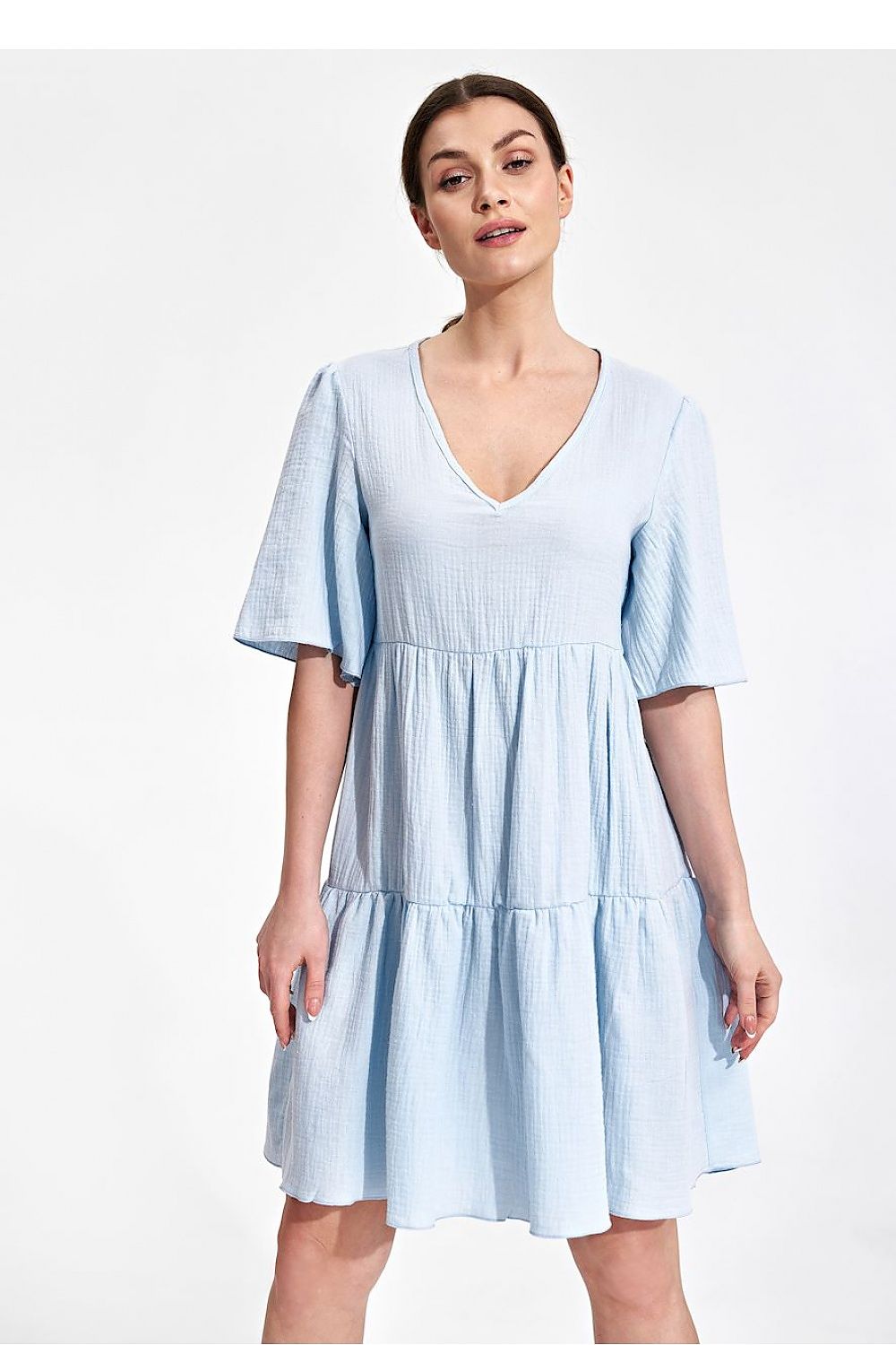 Elegant Summer Flared Mini Dress with Ruffles and Short Sleeves by Figl - Light blue dress featuring a flattering v-neck and short flared sleeves, perfect for a chic summer outing.