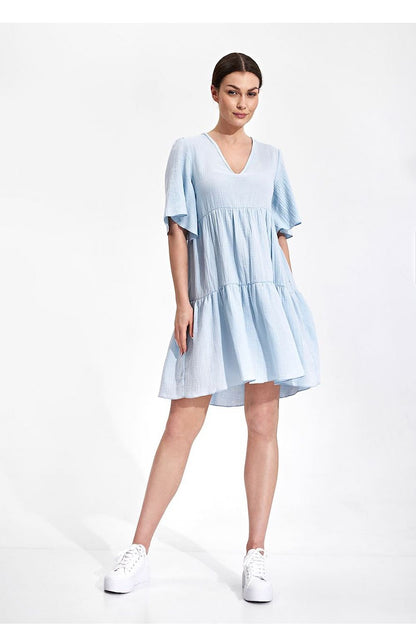 Elegant Summer Flared Mini Dress with Ruffles and Short Sleeves by Figl - Stylish light blue mini dress showcased in a relaxed fit, perfect for warm weather elegance.