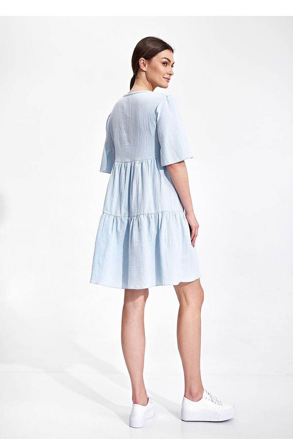 Elegant Summer Flared Mini Dress with Ruffles and Short Sleeves by Figl - Back view of a light blue flared mini dress with ruffles, ideal for a sophisticated summer look.
