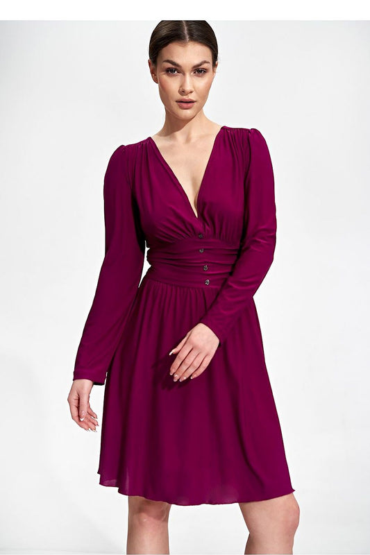 Elegant Flared Knee-Length Dress by Figl with Sweetheart Neckline and Draped Belt, showcased on a model in a stunning magenta hue, perfect for special occasions. Available in sizes S to XL.