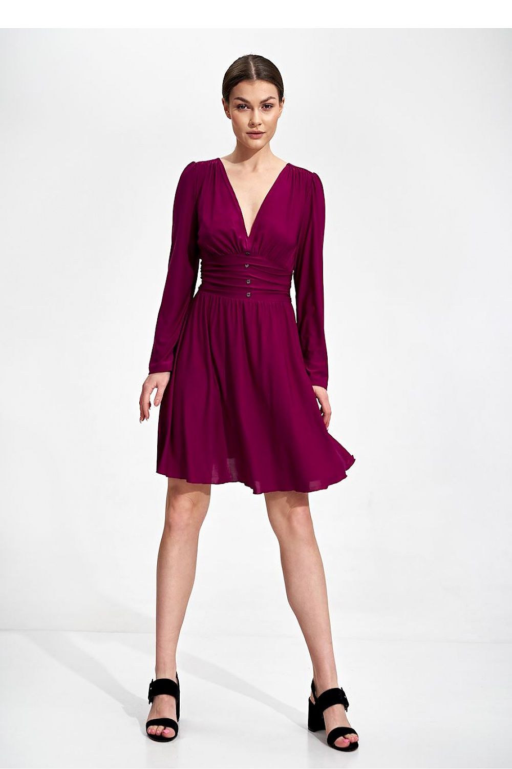 Front view of the Elegant Flared Knee-Length Dress by Figl featuring a sweetheart neckline and draped belt, model exuding elegance in magenta, designed for a luxurious feel, available in sizes S to XL.