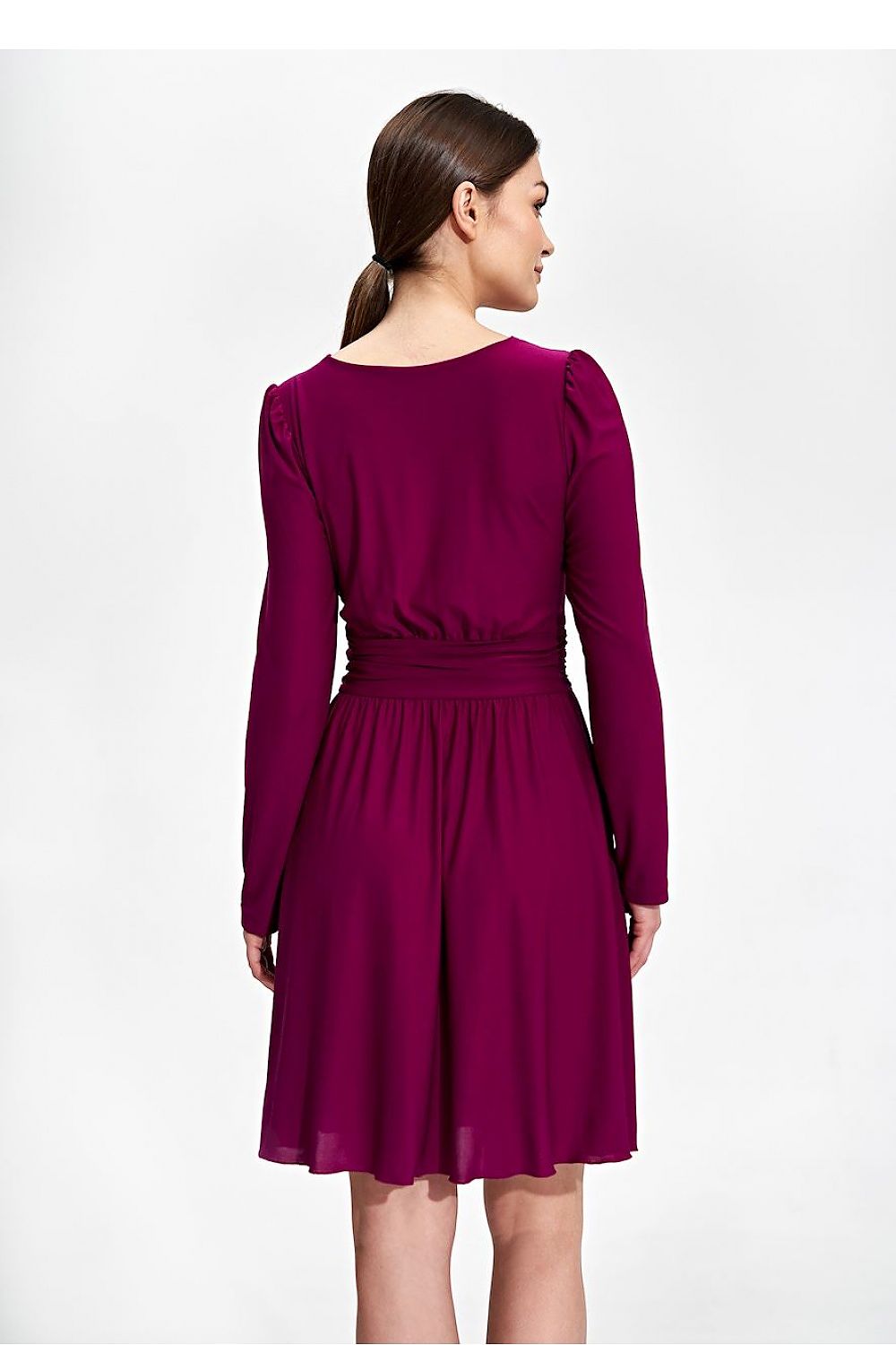 Back view of the Elegant Flared Knee-Length Dress by Figl, highlighting the sophisticated design with long sleeves and draped belt, perfect for refined gatherings, seen in magenta, available in sizes S to XL.