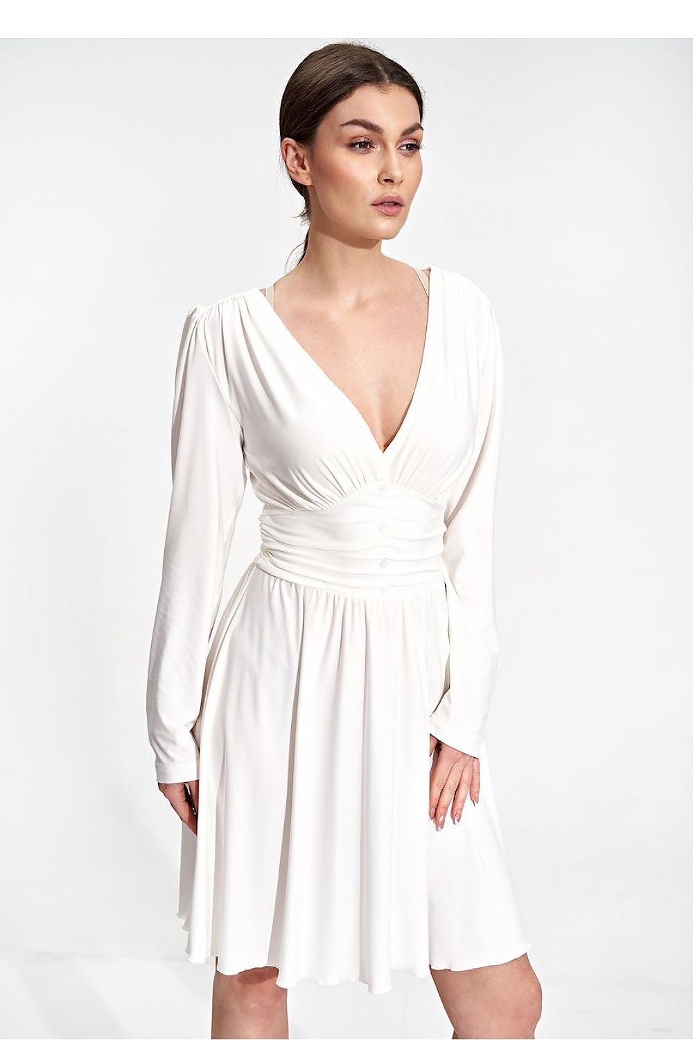 Elegant Flared Knee-Length Dress by Figl in an exquisite white shade, featuring a chic sweetheart neckline and draped belt, model radiating sophistication, designed for special occasions, available in sizes S to XL.