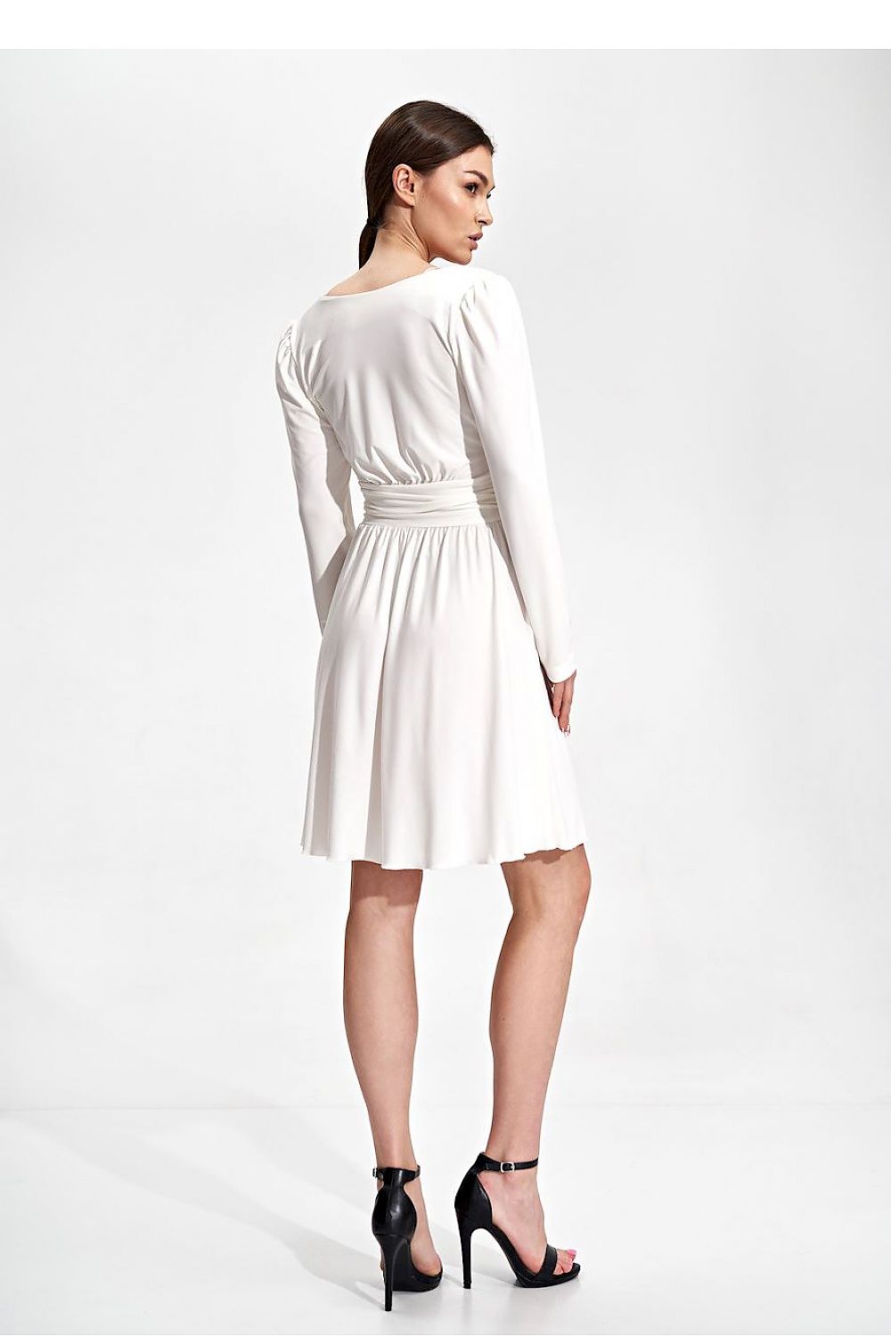 Back view of the Elegant Flared Knee-Length Dress by Figl, featuring a sweetheart neckline and draped belt, designed for a stylish silhouette.