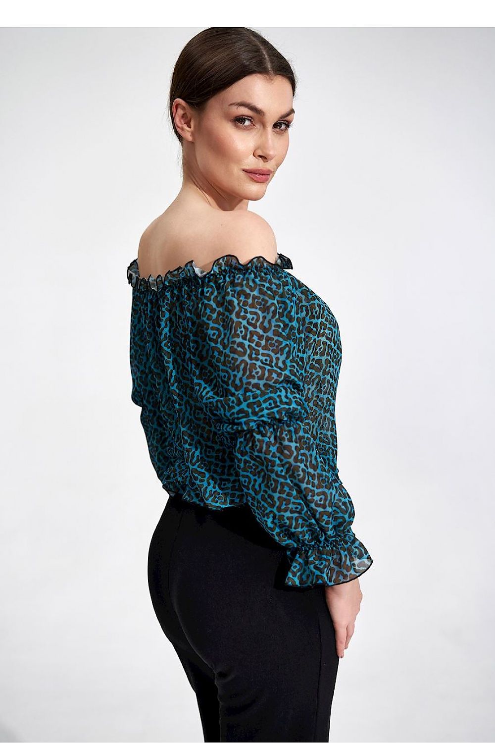 Elegant long sleeve blouse by Figl featuring a beautiful blue and black pattern, finished with elastic bands, perfect for a stylish evening look.