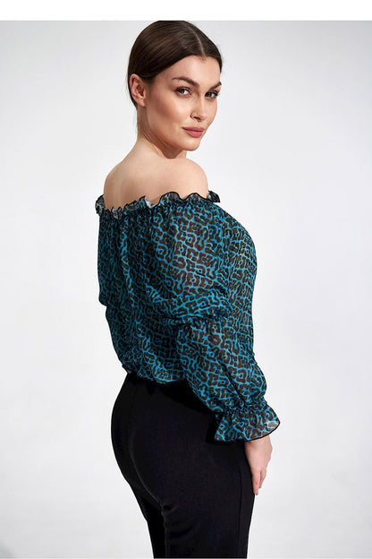 Elegant long sleeve blouse by Figl featuring a beautiful blue and black pattern, finished with elastic bands, perfect for a stylish evening look.