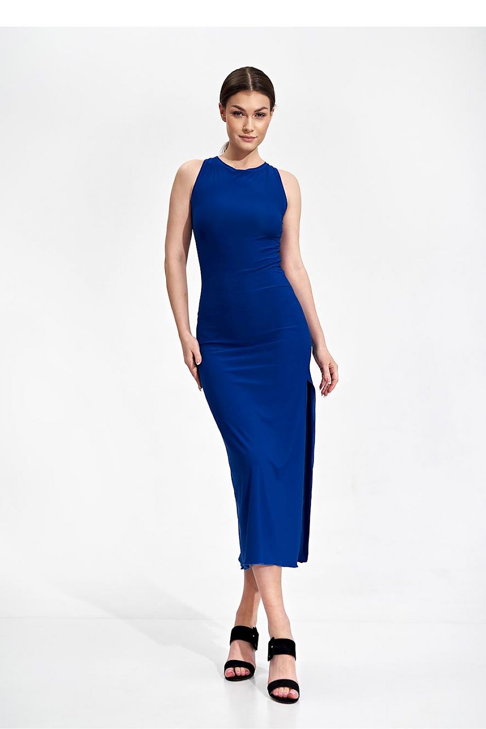 Elegant Fitted Midi Dress by Figl in vibrant blue, featuring a smooth front and side split, model showcasing the stylish design.
