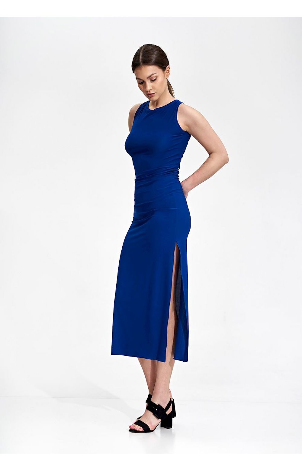 Elegant Fitted Midi Dress by Figl in stunning blue, model highlighting the dress's flattering silhouette and sexy side slit.
