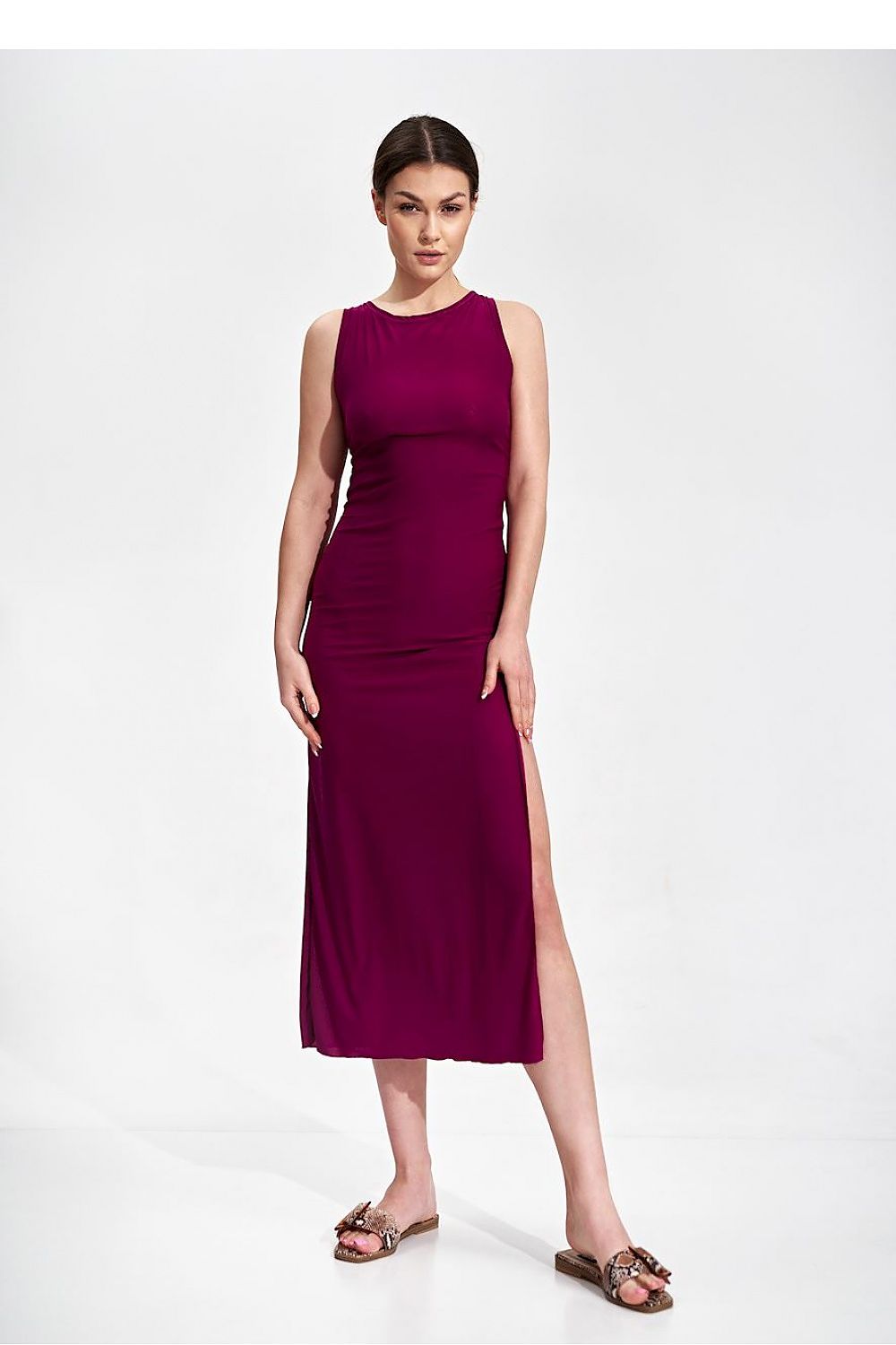 Elegant Fitted Midi Dress by Figl in a rich burgundy shade featuring a deep tied back neckline, crafted from stretch fabric with a side split, embodying sophistication and style.