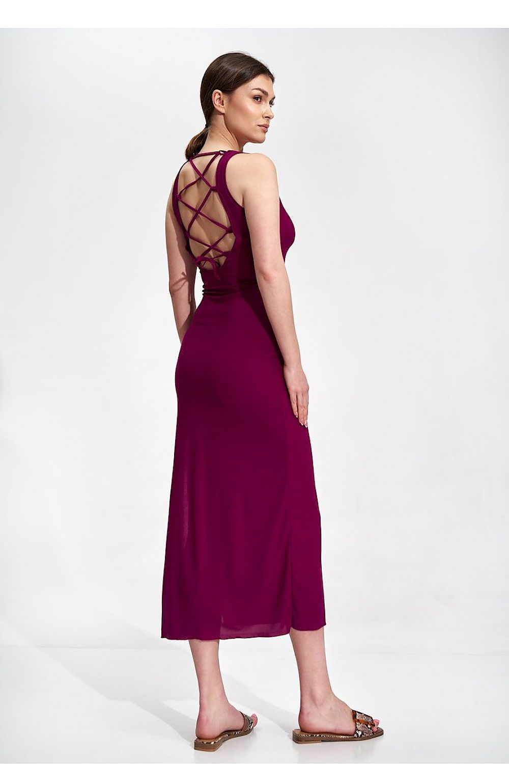 Elegant Fitted Midi Dress by Figl showcasing a deep tied back neckline, with intricate detailing and a side split, epitomising luxury and elegance in a stunning burgundy hue.