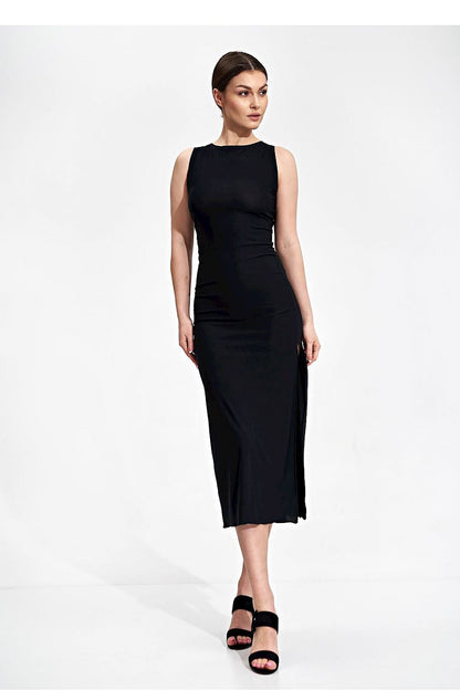Elegant Fitted Midi Dress by Figl in classic black, featuring a smooth silhouette with a deep tied back neckline and flattering side split, perfect for upscale events.