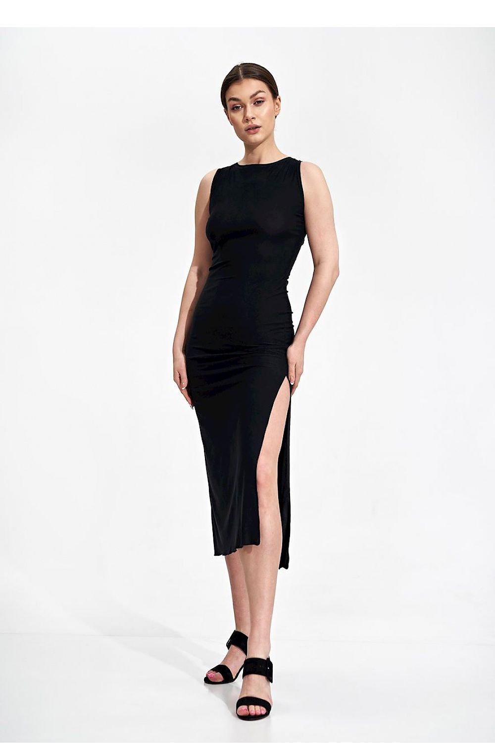 Elegant Fitted Midi Dress by Figl presented in luxurious black, designed with a deep tied back neckline and side split, emphasizing grace and style.