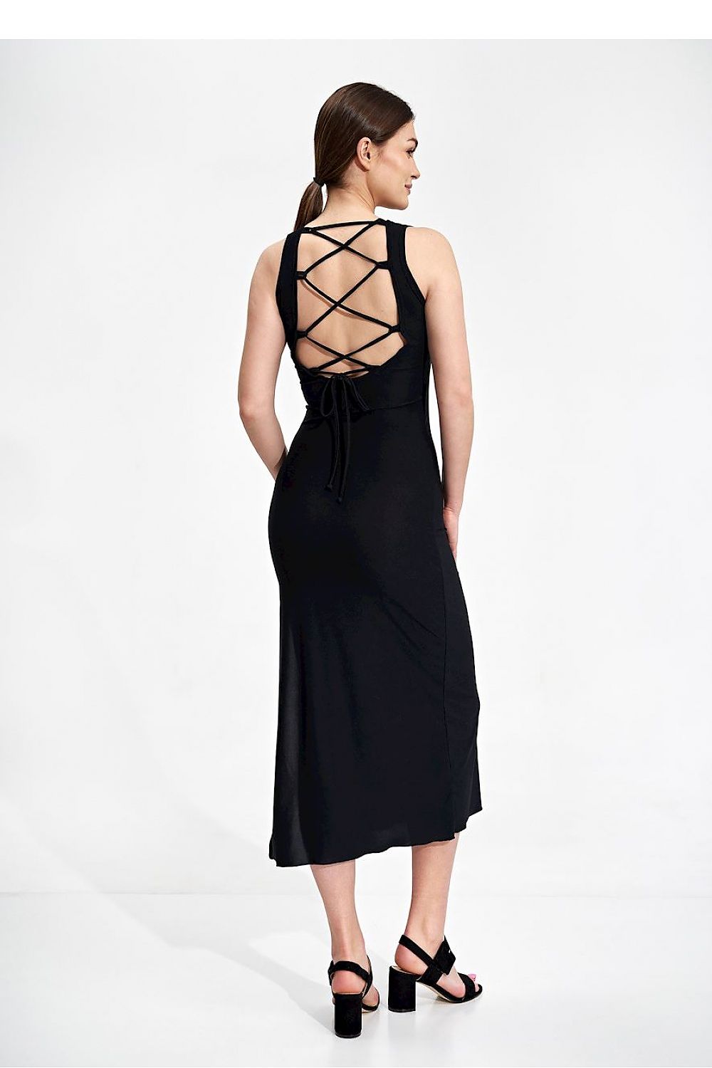 Elegant Fitted Midi Dress by Figl featuring a sophisticated black backdrop, complete with a deep tied back neckline and chic side split, perfect for an elegant evening.