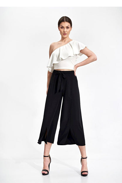 Luxury Figl One Shoulder Ruffle Crop Blouse in white, paired with stylish black wide-leg trousers, showcasing a chic and elegant look.