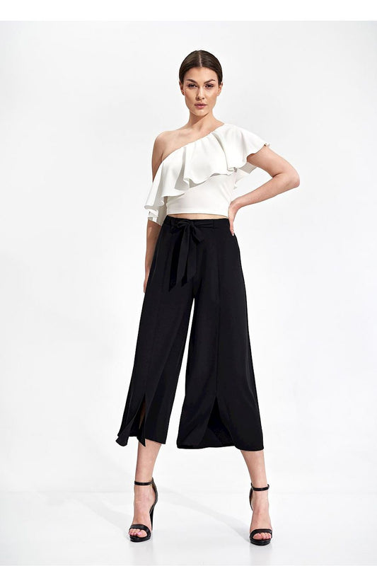 Luxury Figl One Shoulder Ruffle Crop Blouse in white, paired with stylish black wide-leg trousers, showcasing a chic and elegant look.