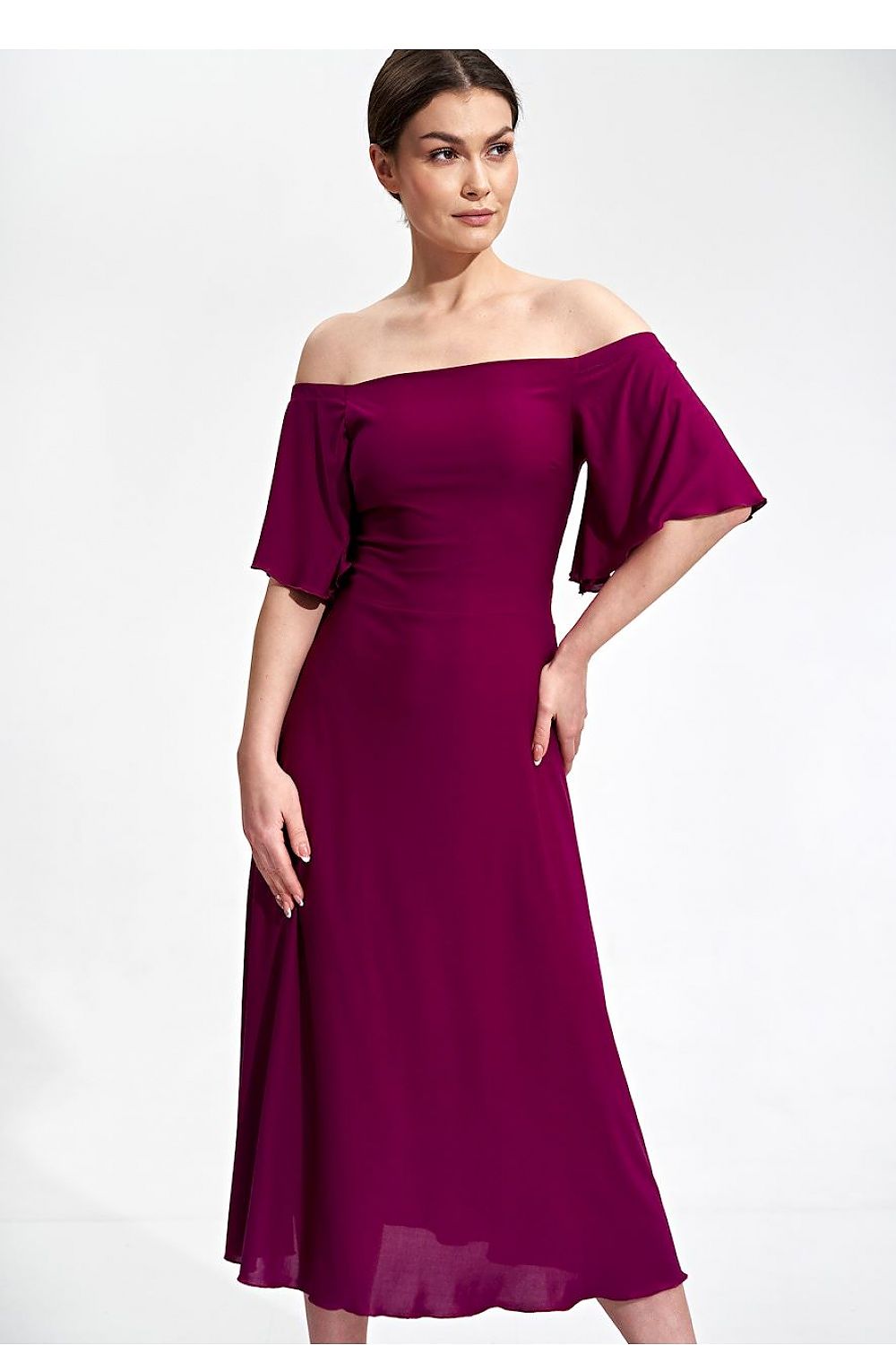 Elegant Midi Dress by Figl showcasing wide sleeves and a flared bottom, accentuating a fitted top design in luxurious deep purple.