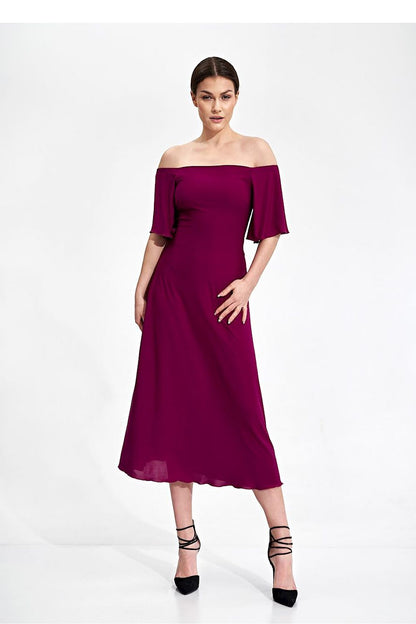 Elegant Midi Dress by Figl with wide sleeves and a flared skirt, displayed in a rich purple hue, perfect for sophisticated occasions.