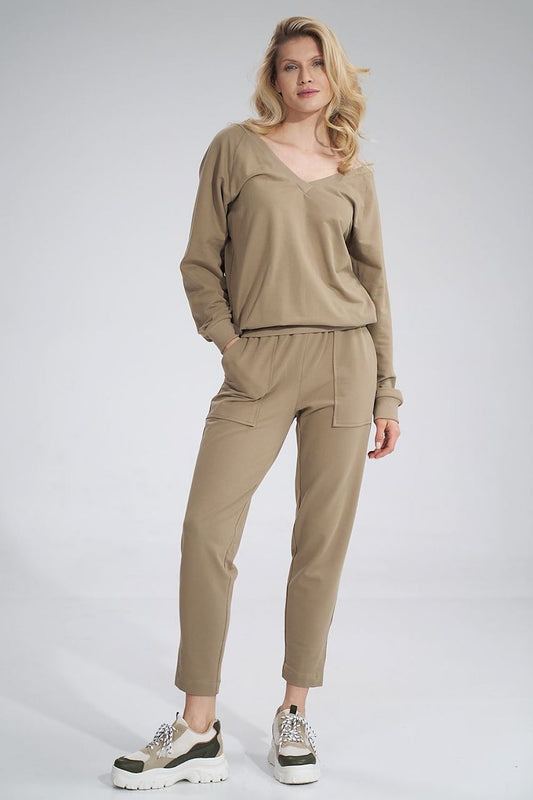 Luxury Cotton V-Neck Sweatshirt by Figl displayed on a model in a full outfit, highlighting the elegant design of the sweatshirt paired with matching trousers, ideal for a trendy wardrobe.