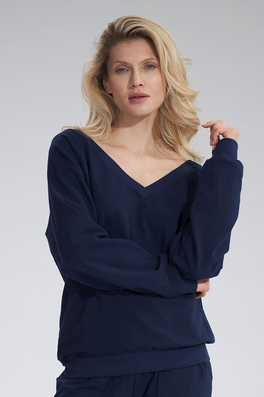 Luxury Cotton V-Neck Sweatshirt by Figl, featuring a stylish model wearing the navy sweatshirt with long sleeves and a relaxed fit, showcasing a sophisticated look.