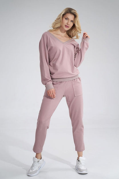 Luxury Cotton V-Neck Sweatshirt with Decorative Ribbon - Figl Blouse. Stylish v-neck sweat top paired with relaxed-fit trousers, capturing a sophisticated yet casual look.