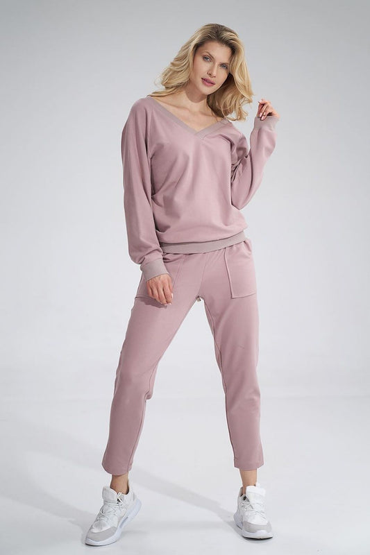 Luxury Cotton V-Neck Sweatshirt with Decorative Ribbon - Figl Blouse. Stylish v-neck sweat top paired with relaxed-fit trousers, capturing a sophisticated yet casual look.