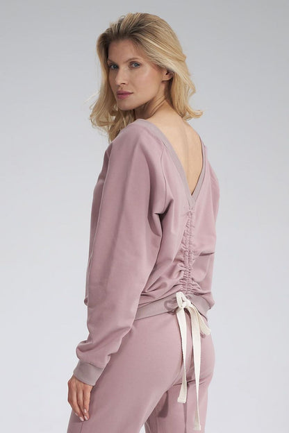 Luxury Cotton V-Neck Sweatshirt with Decorative Ribbon - Figl Blouse. Back view showcasing beautiful decorative ribbon detailing on this luxurious cotton blouse.