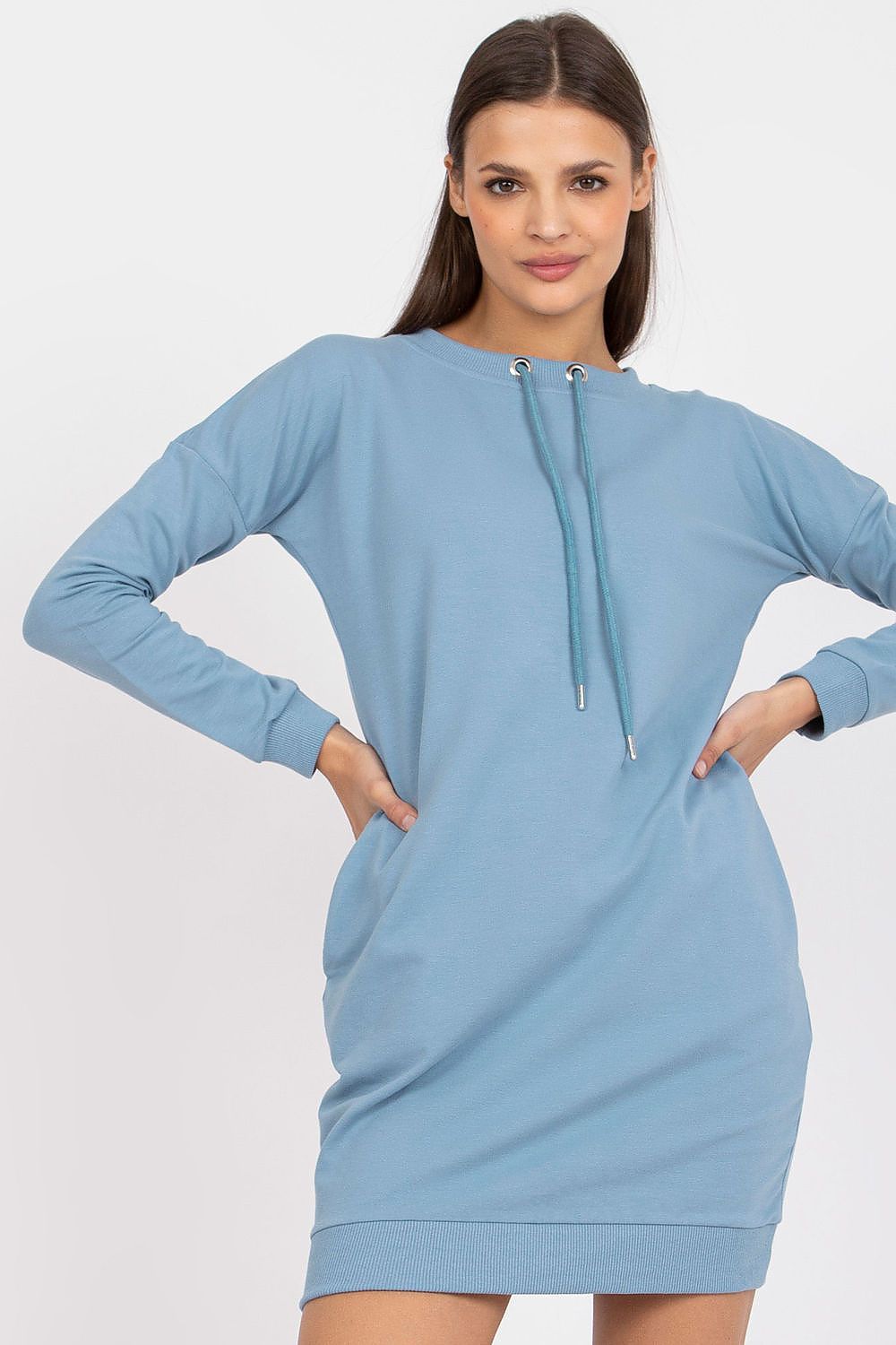 Elegant Long Sleeve Sweatshirt Dress With Tieback Strap And Pockets By BFG, showcased in a stylish light blue colour, featuring a round neckline and a refined tieback strap accent.