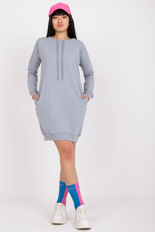 Chic BFG Long Sleeve Sweatshirt Dress with Tieback Strap and Side Slip Pockets, presented in light grey, featuring a model with vibrant pink and blue socks.
