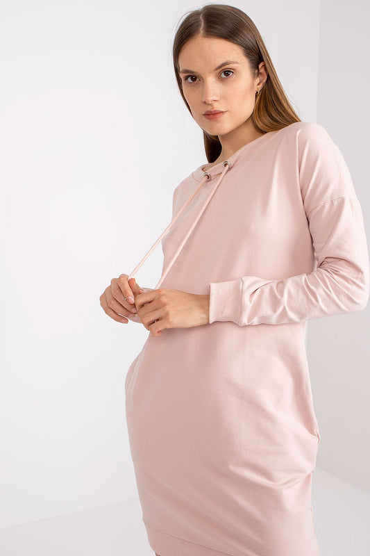 Elegant Women's Long-Sleeved Tracksuit Dress with Pockets and Tie-Up Neckline by BFG, showcased in a soft pink hue, featuring a stylish round neckline and delicate tie-up detail.