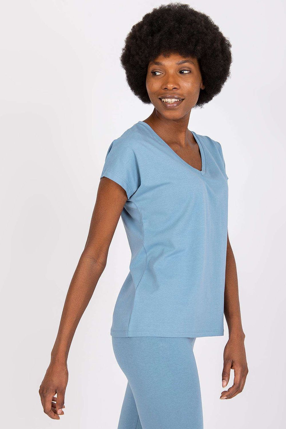 Luxury BFG Heart Neckline T-Shirt in a soft cotton blend, model showcasing the elegant cut and V-neck design in blue.