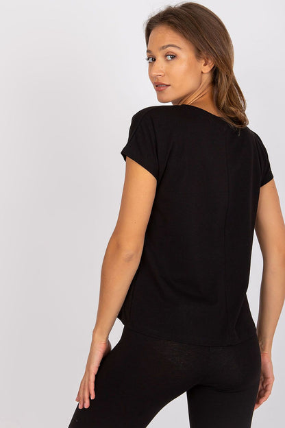 Luxury BFG Heart Neckline T-Shirt in a soft cotton blend, model with an elegant hairstyle wearing a black T-shirt and showcasing the back design.