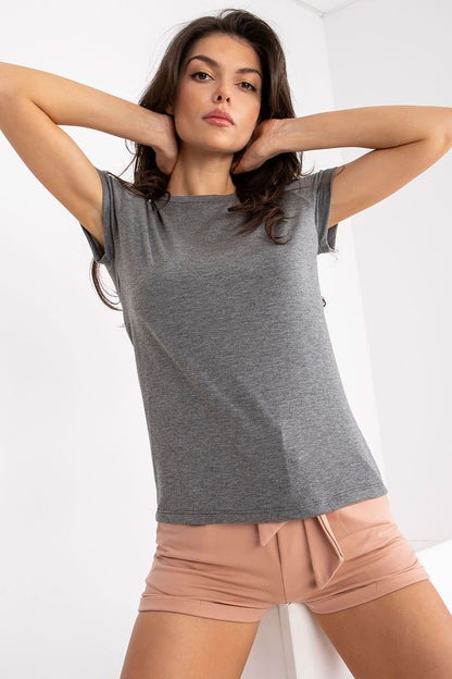 Luxury Ladies' Cotton Blend T-Shirt by BFG - Short Sleeve, Round Neck, Everyday Comfort. Model posing in a stylish grey t-shirt paired with light shorts.