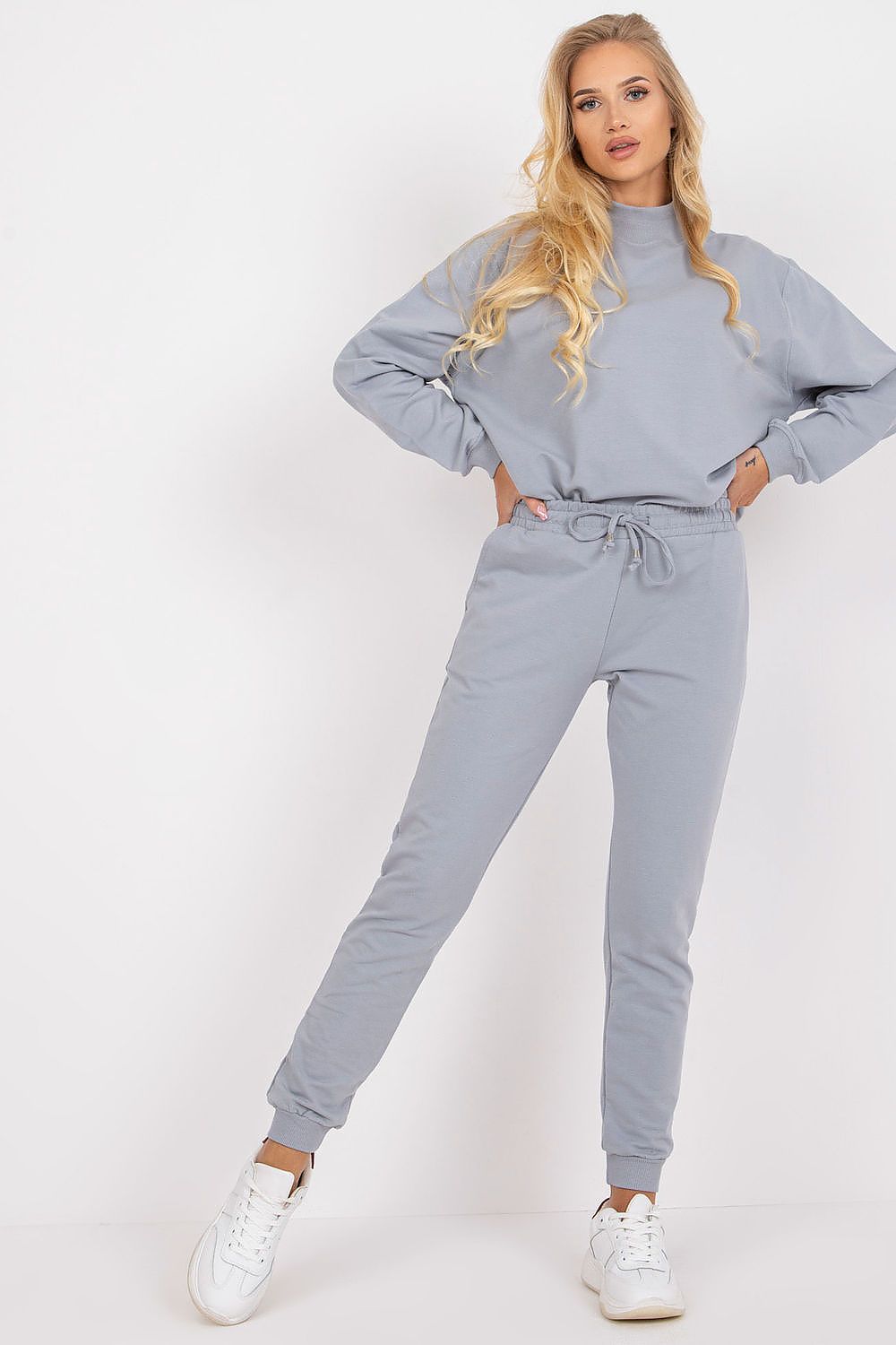 BFG High Rise Tracksuit Trousers With Drawstring Waist And Side Slash Pockets - Cotton Blend Comfort, elegantly displayed by a model in a stylish grey ensemble, embodying a sophisticated approach to athleisure.