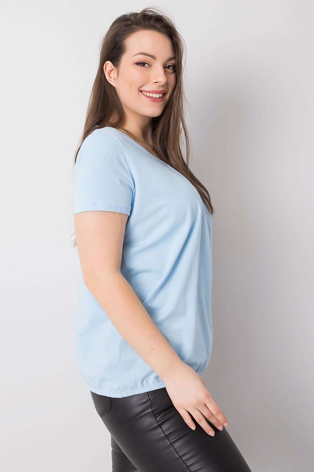 BFG Women's Plus Size T-Shirt in sky blue, featuring a soft cotton blend and short sleeves, elegantly styled for a chic everyday look.