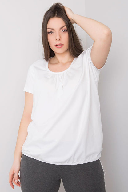 BFG Women's Plus Size T-Shirt in pristine white, showcasing a round neckline and luxurious cotton blend, perfect for casual elegance.