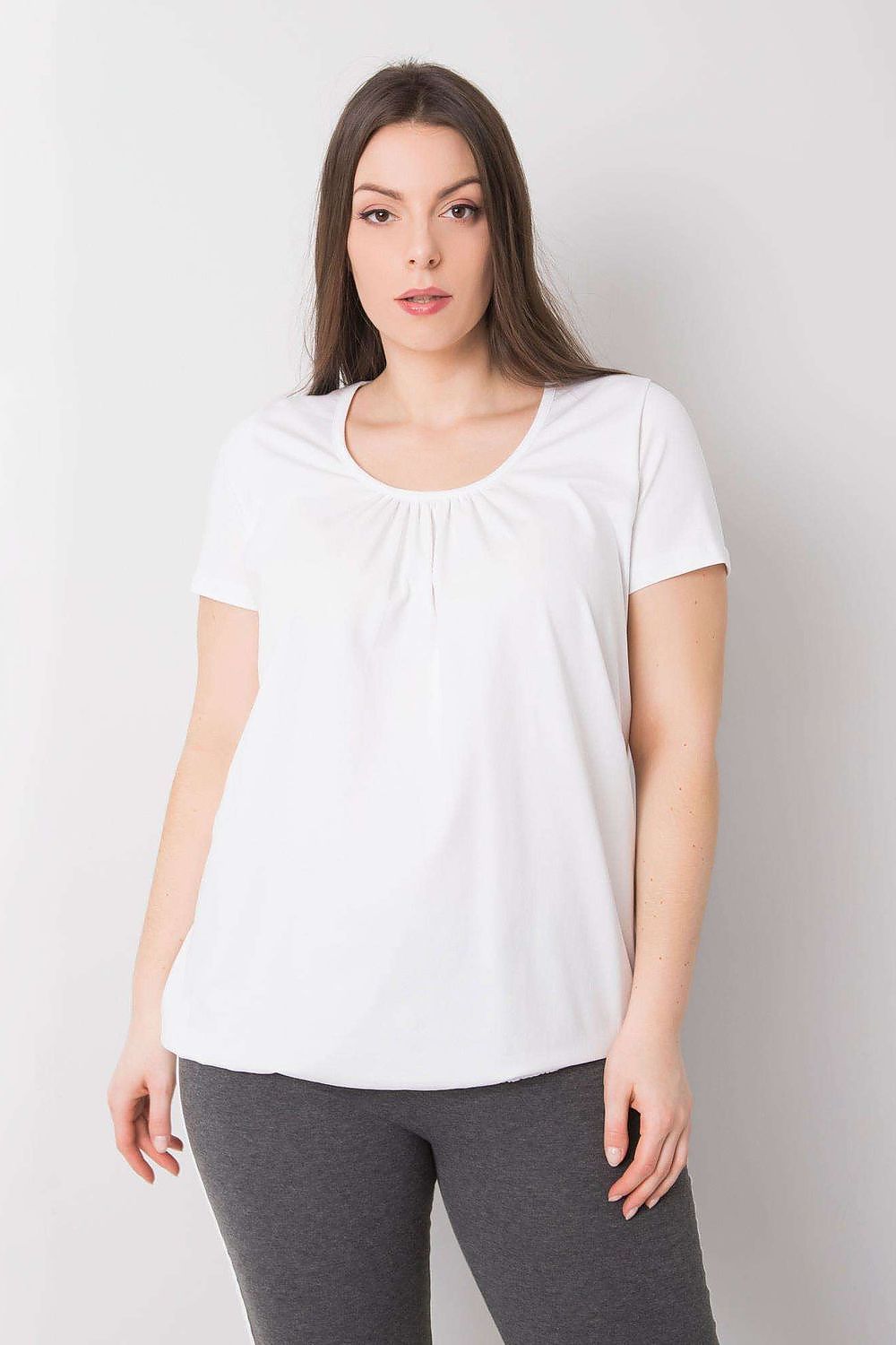 BFG Women's Plus Size T-Shirt in classic white, designed with short sleeves and a stylish round neckline, exuding sophistication for daily wear.