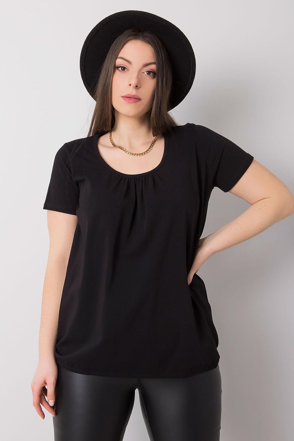 BFG Women's Plus Size T-Shirt in timeless black, showcasing a chic design with short sleeves and a round neckline, a staple for any elegant wardrobe.