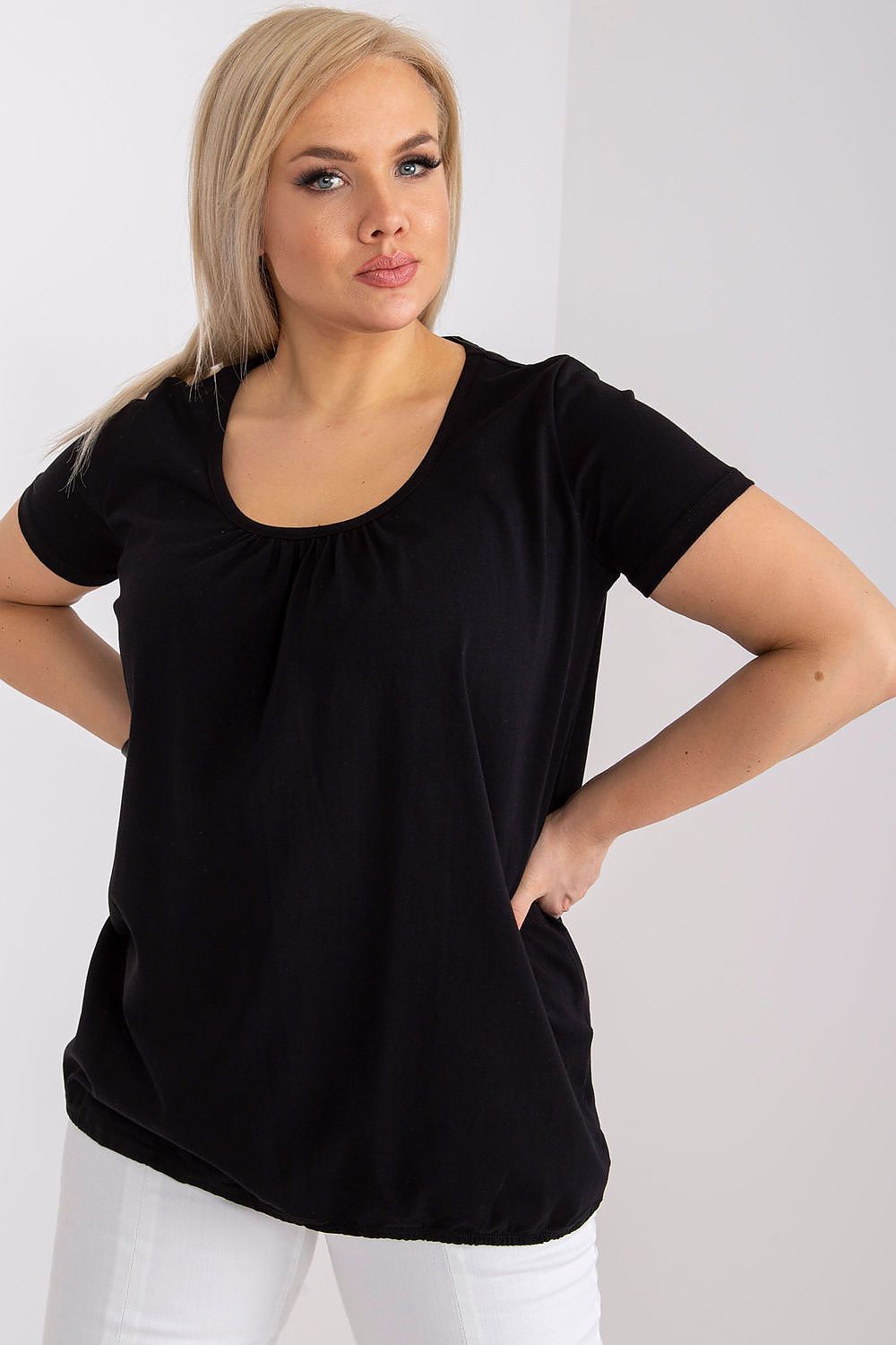 BFG Women's Plus Size T-Shirt in elegant black, featuring a short sleeve design and round neckline, perfect for chic everyday wear. Sizes available from 2XL to 4XL.