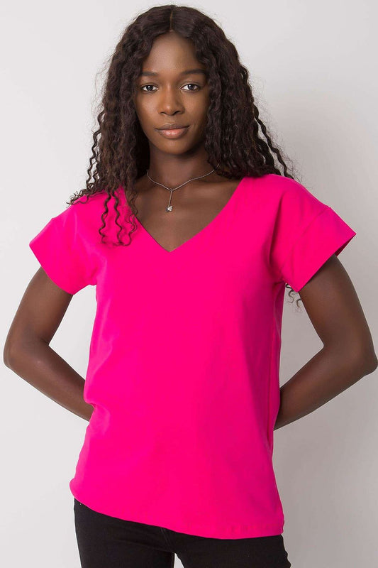 Elegant Short Sleeve Cotton Blouse With Heart Neckline And Deep Cutout showcased in a vibrant pink colour, featuring a stylish short sleeve design, perfect for sophisticated occasions.