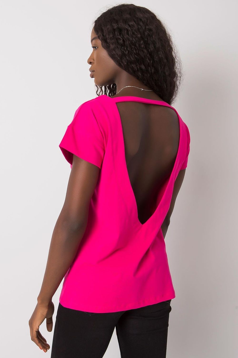 Elegant Short Sleeve Cotton Blouse With Heart Neckline And Deep Cutout displayed from the back, showcasing the dramatic deep cutout detail, adding an alluring touch to this luxurious design.