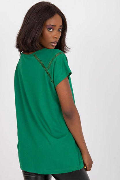 Elegant Short Sleeve Blouse with Heart Neckline showcased on a model, highlighting the beautiful back view and luxurious green fabric, perfect for any occasion.