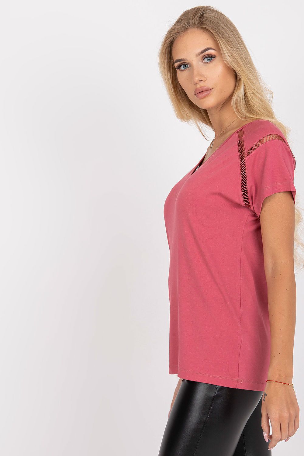 Elegant Short Sleeve Blouse with Heart Neckline viewed from the side, illustrating the exquisite fit and charming heart neckline tailored for a flattering appearance.