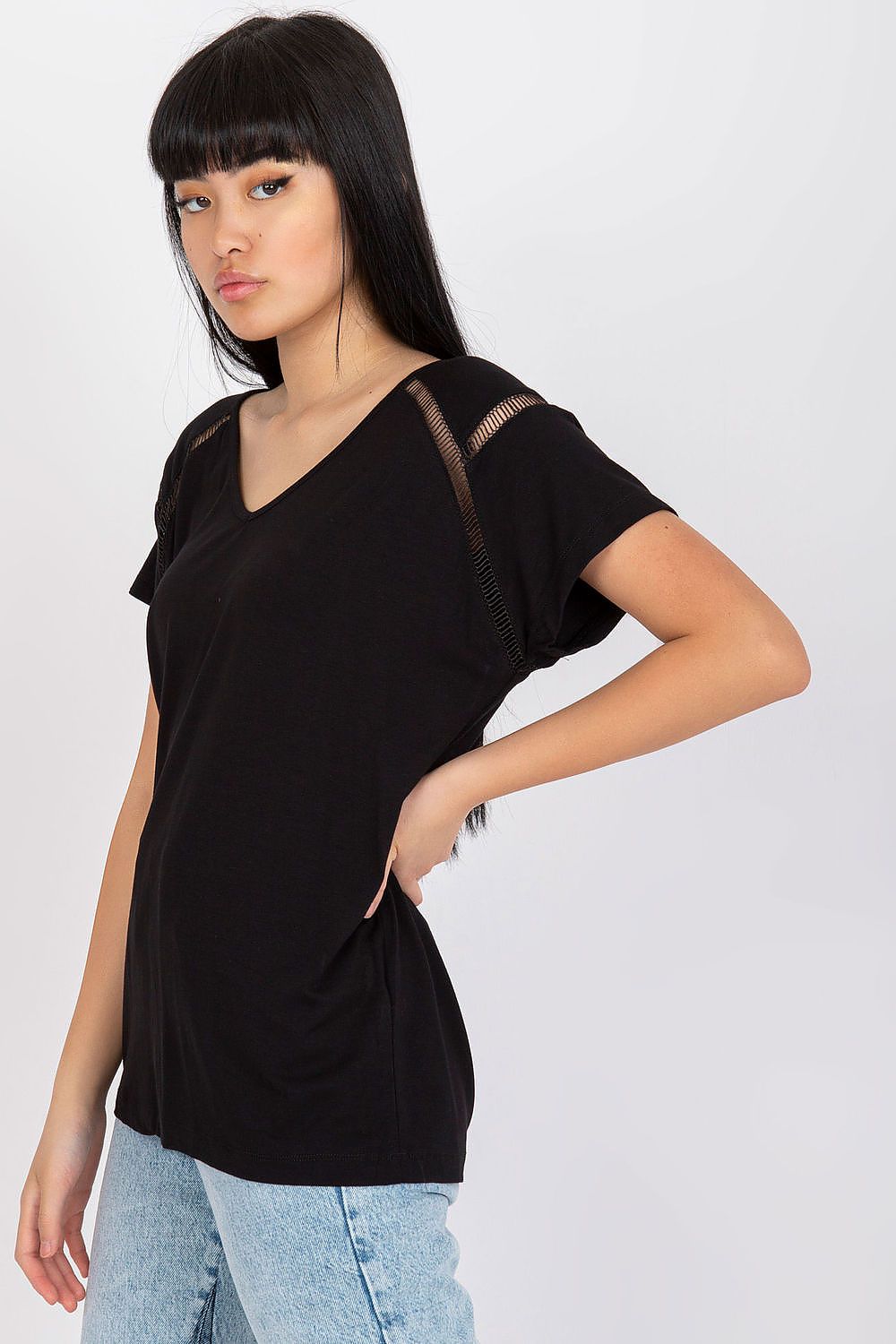 Elegant Short Sleeve Blouse with Heart Neckline in black, featured with a stylish side view, emphasizing its refined design and luxe fabric blend.