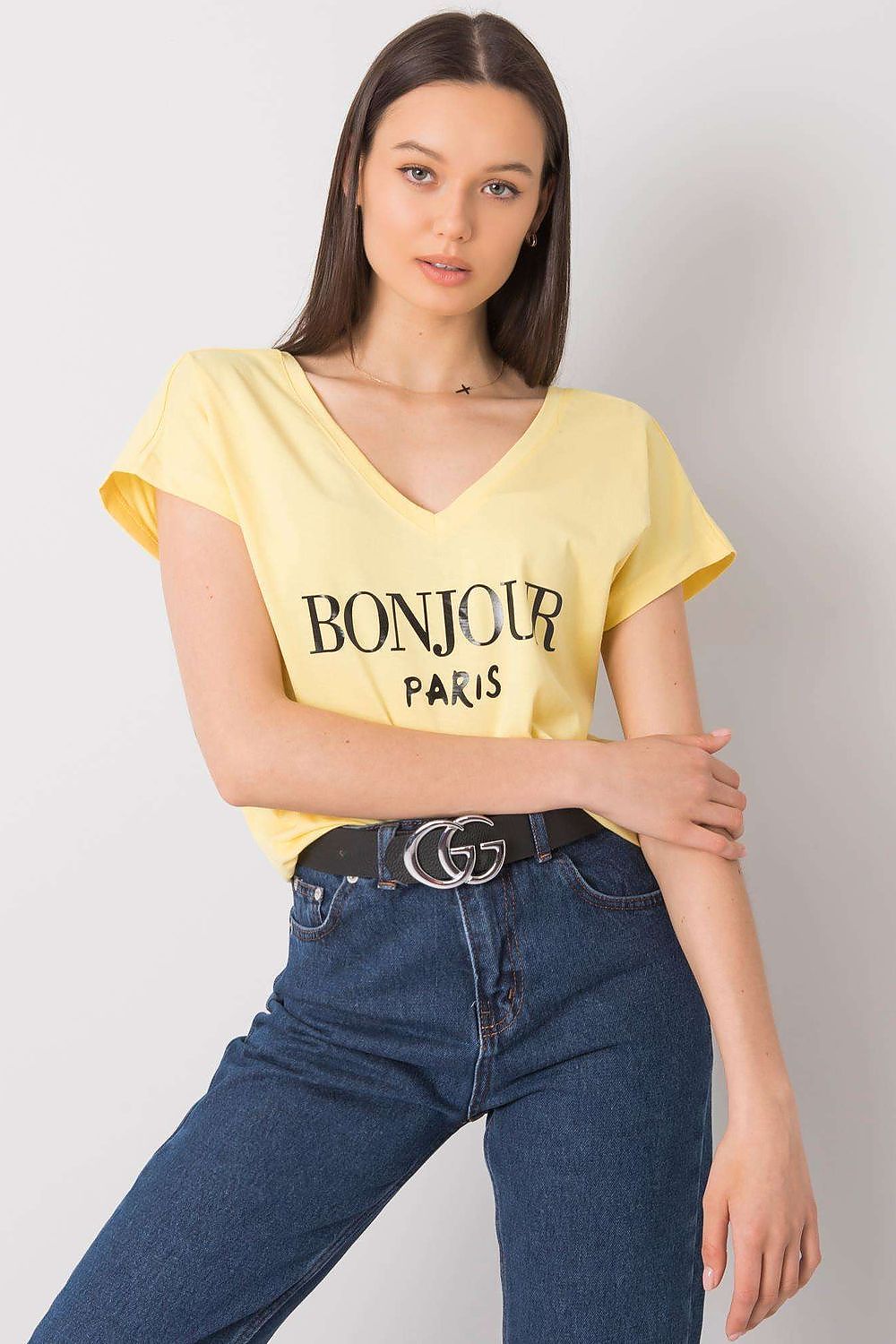 Luxury Cotton T-Shirt with Heart-Shaped Neckline and Decorative Inscription, showcased in vibrant yellow with a trendy 'BONJOUR PARIS' design, worn effortlessly by a model styled with contemporary denim.