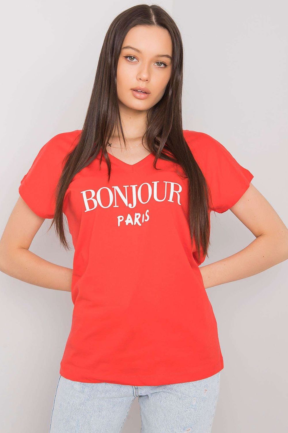 Luxury Cotton T-Shirt with Heart-Shaped Neckline and Decorative Inscription - Available in EU Size 0, featuring a red colour with 'BONJOUR PARIS' inscription, styled with short sleeves worn by a model.