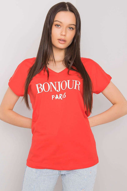 Luxury Cotton T-Shirt with Heart-Shaped Neckline and Decorative Inscription - Available in EU Size 0, featuring a red colour with 'BONJOUR PARIS' inscription, styled with short sleeves worn by a model.