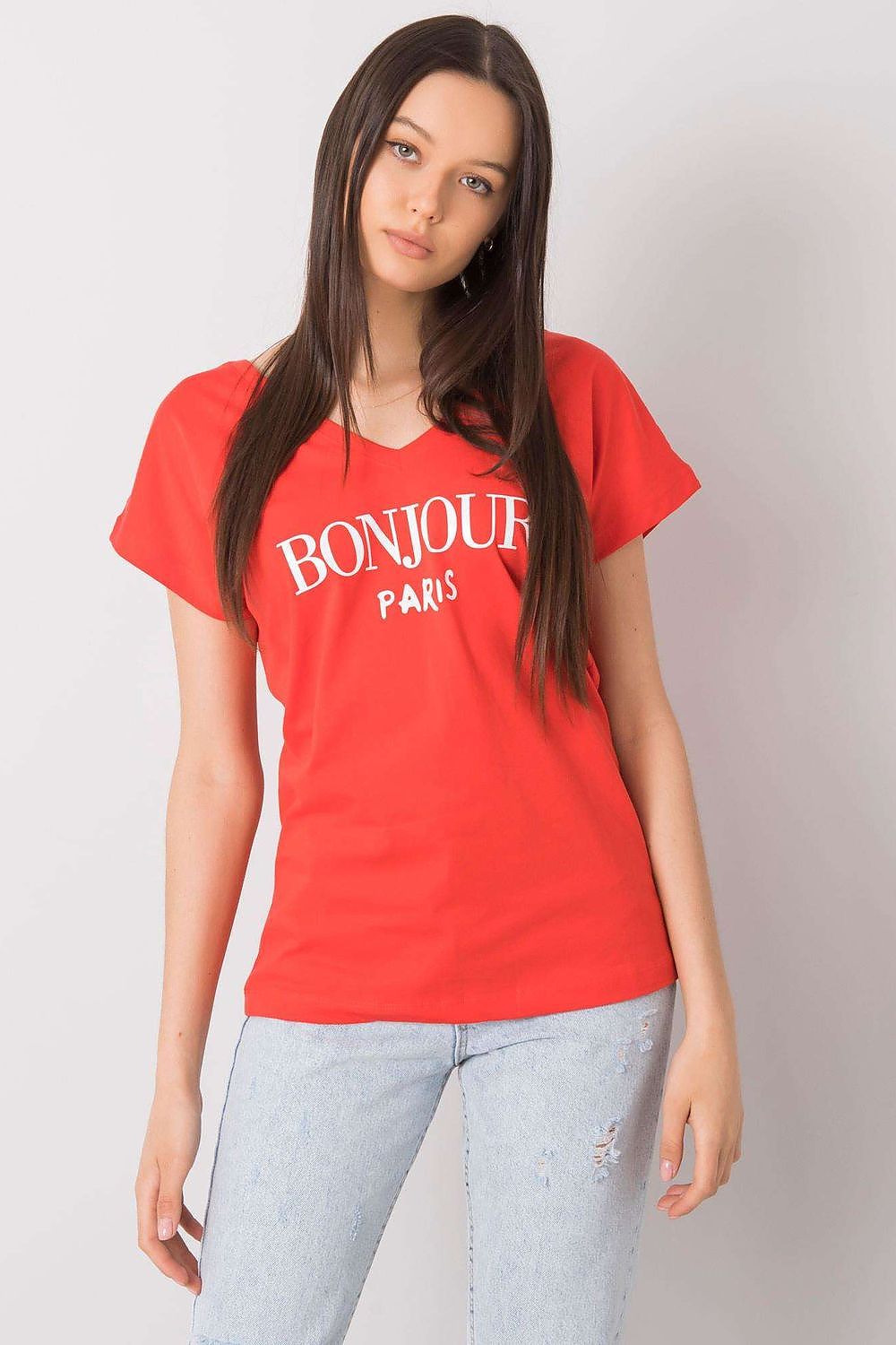 Luxury Cotton T-Shirt with Heart-Shaped Neckline and Decorative Inscription - Available in EU Size 0, displayed in red with 'BONJOUR PARIS' lettering, modeled beautifully.