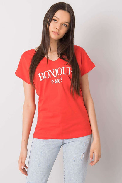 Luxury Cotton T-Shirt with Heart-Shaped Neckline and Decorative Inscription - Available in EU Size 0, displayed in red with 'BONJOUR PARIS' lettering, modeled beautifully.
