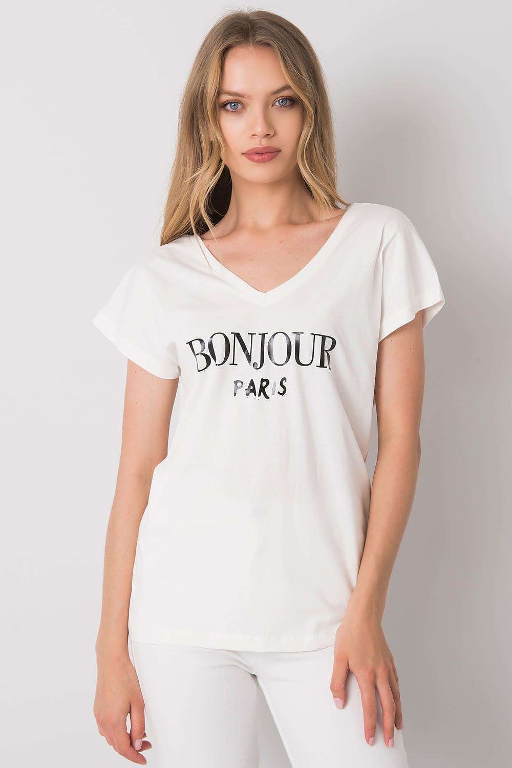 Luxury Cotton T-Shirt with Heart-Shaped Neckline and Decorative Inscription - Available in EU Size 0, shown in white with stylish 'BONJOUR PARIS' print, model exuding elegance and charm.